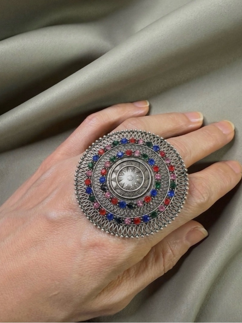 Ring：Silver-plated alloy, Rhinestone, Antique Finish